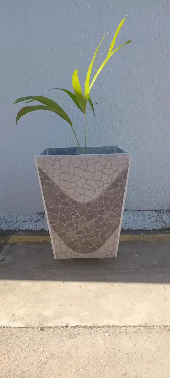 Vaso grande de concreto com mosaico e samambaia